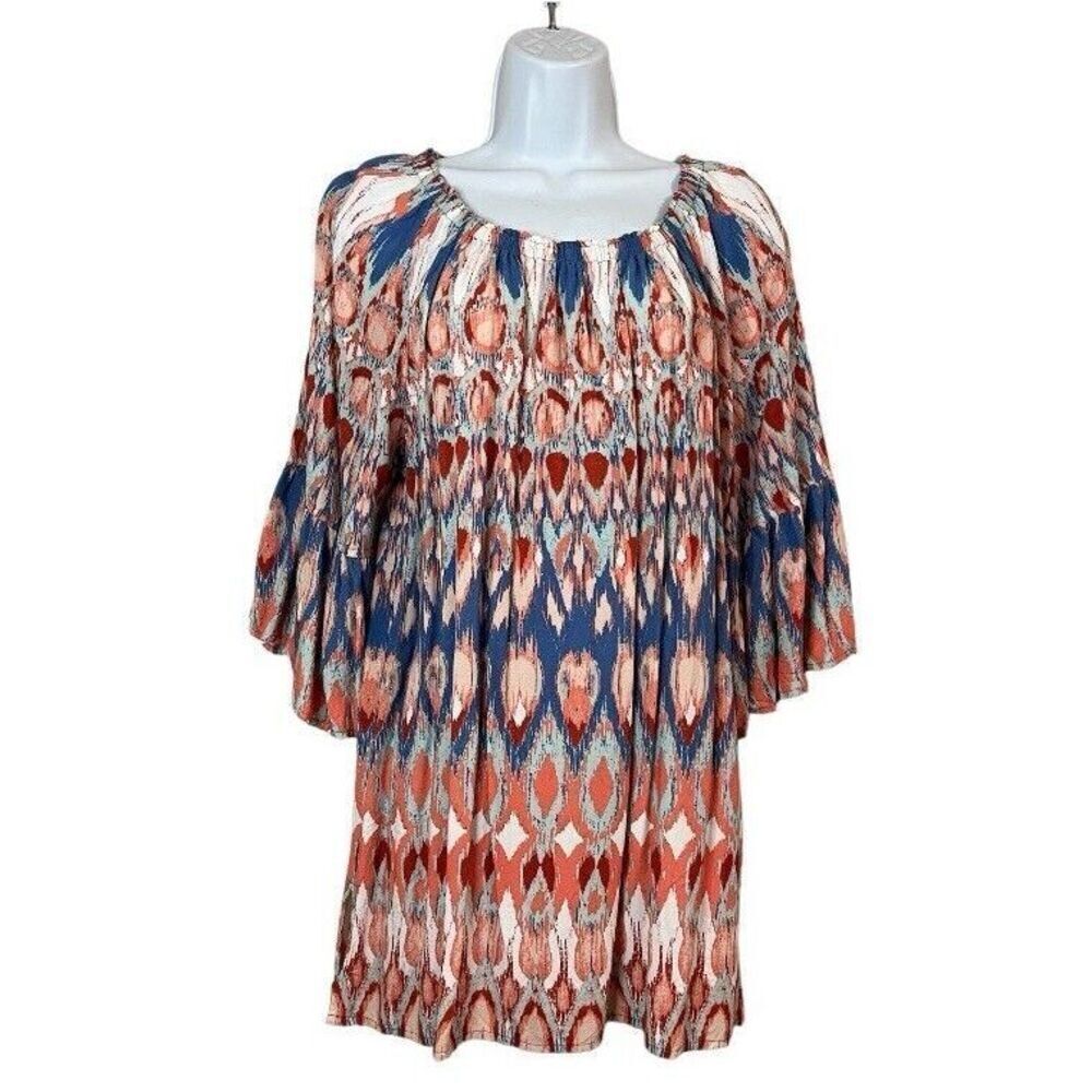 Ali Miles Multicolor Artsy 3/4 Bell Sleeve Pullover Blouse Abstract Large